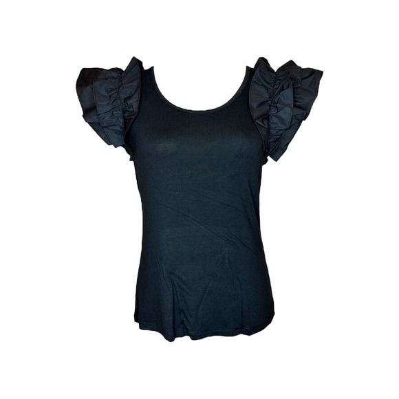 Patrizia Luca Women's Ruffle Sleeve Top Size M Black Dressy T-Shirt NWT - Picture 1 of 2